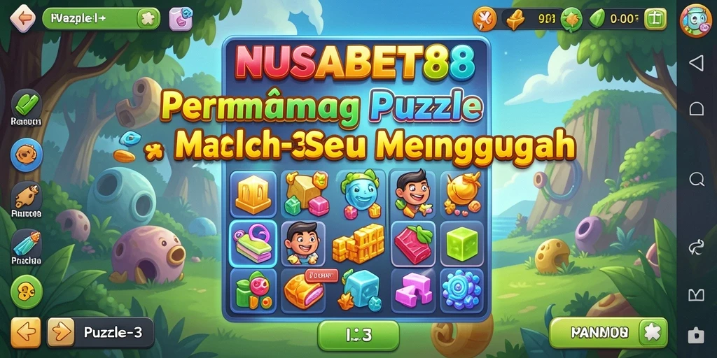 Screenshot utama dari NUSABET88 menampilkan antarmuka permainan Puzzle Match-3 yang menawan.
