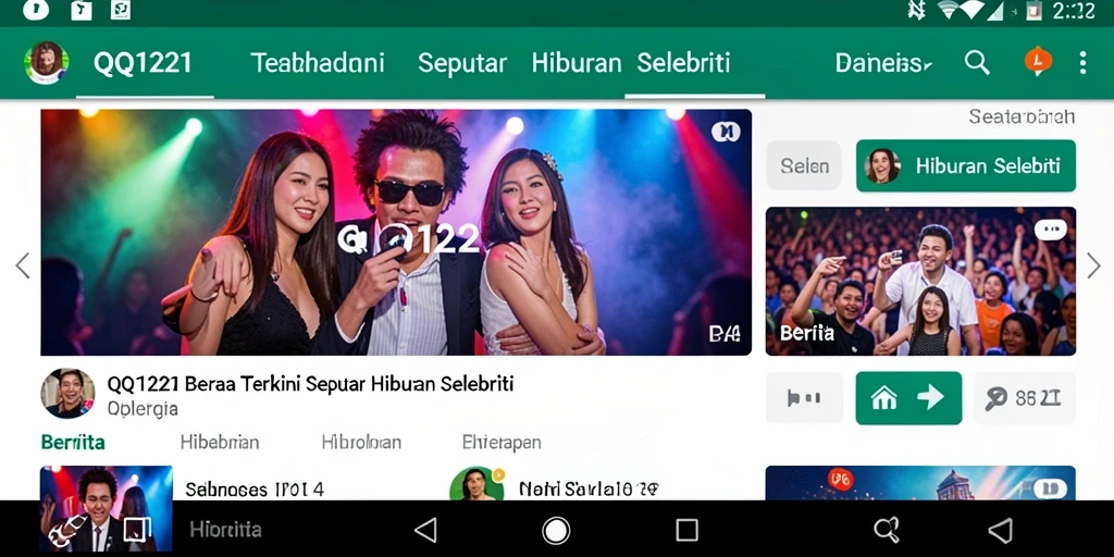 Antarmuka aplikasi QQ1221 menunjukkan berita aktual seputar selebriti.